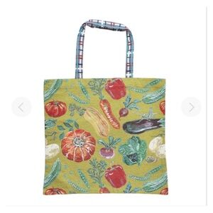 Nathalie Lete Large Tote bag with checked handles. Green with vegetables pattern
